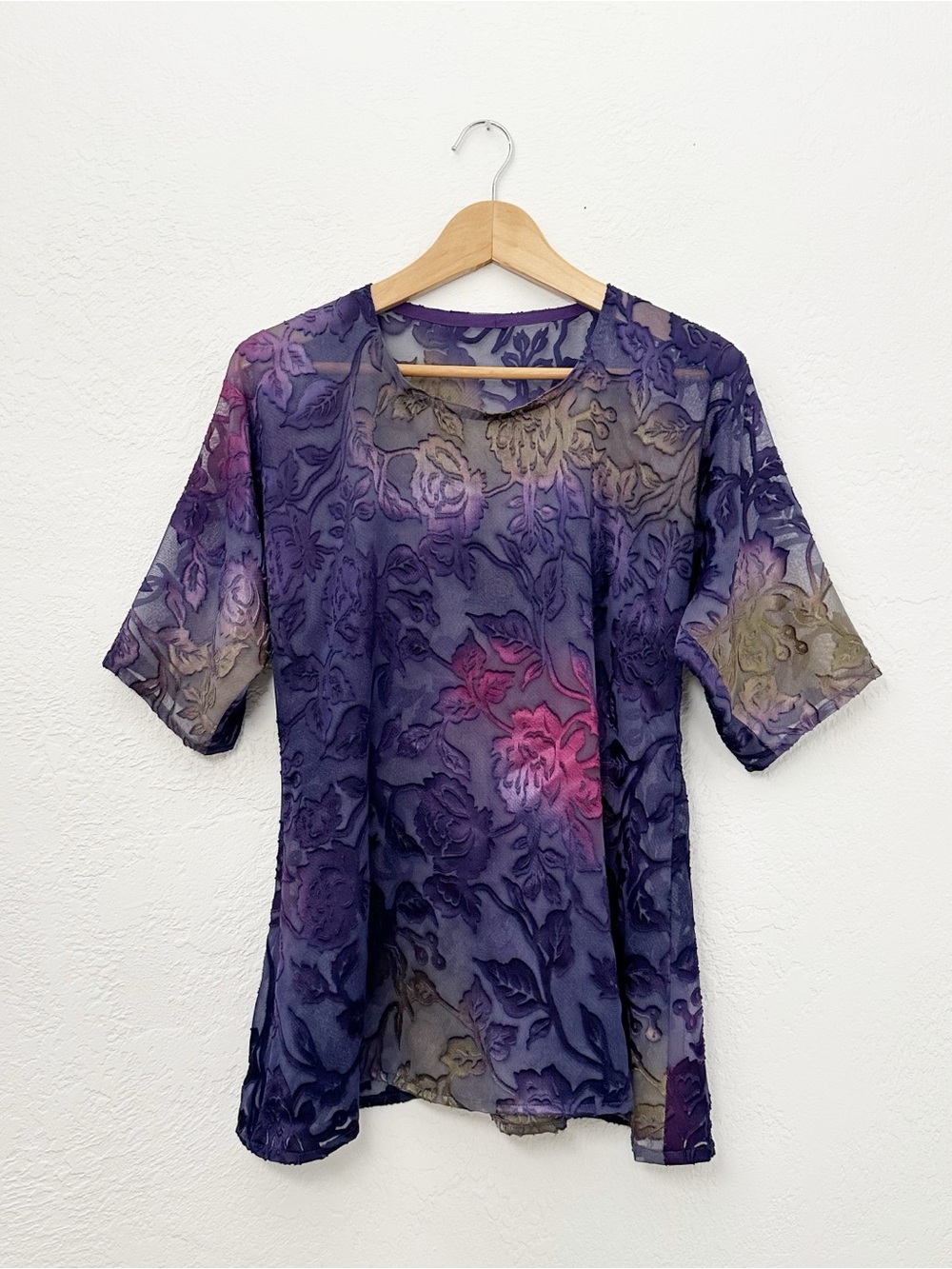 Semi-sheer Velvet Burnout Floral Half Sleeve Top Purple Multicolor